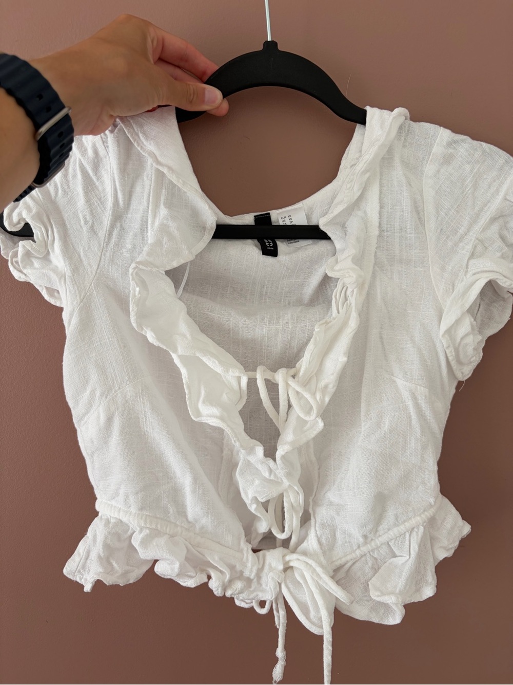 H&M White Ruffle Tie-Front Crop Blouse